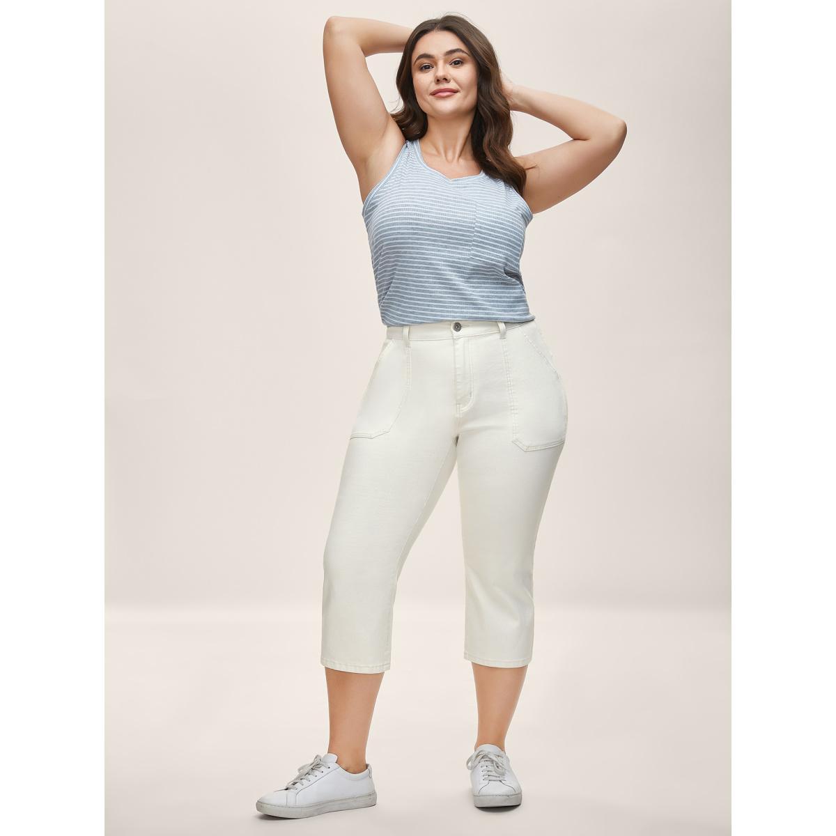 Plus Size Cotton Cropped Straight-Leg Mid-Rise Jeans Women Originalwhite Medium stretch Slanted pocket Jeans BloomChic 10/M Product Image