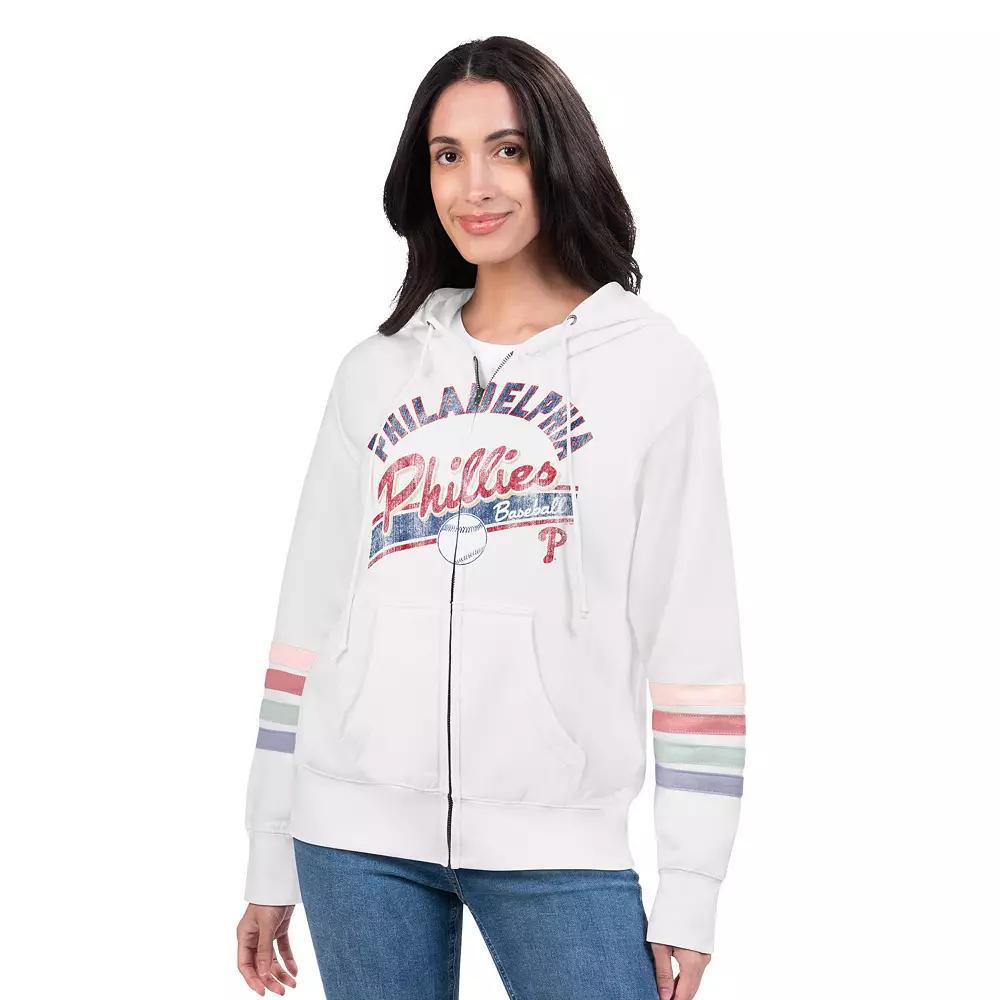 Women's G-III 4Her by Carl Banks White Philadelphia Phillies Naamah Sleeve Stripe Fleece Full-Zip Hoodie, Size: Small Product Image