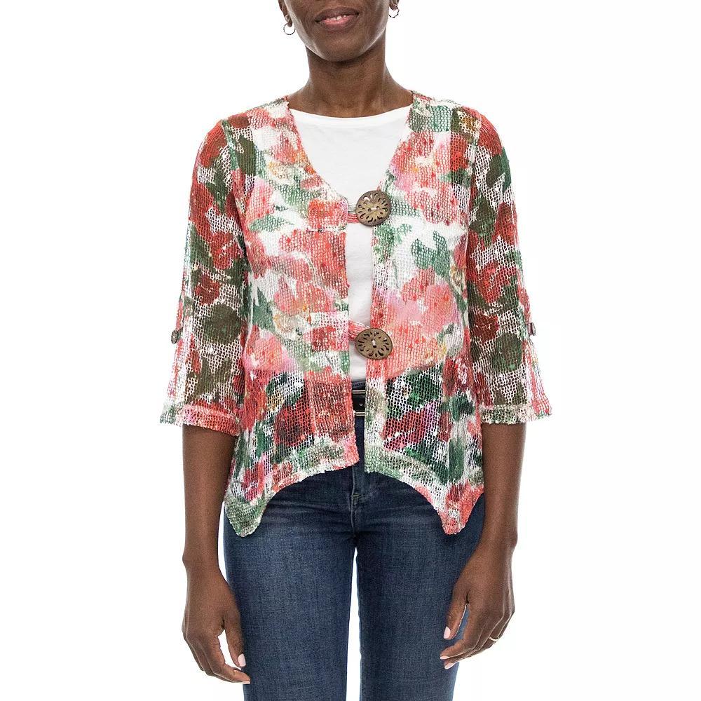 Women's Nina Leonard Print Sheer Cardigan, Size: Large, Candy Apple Team Product Image