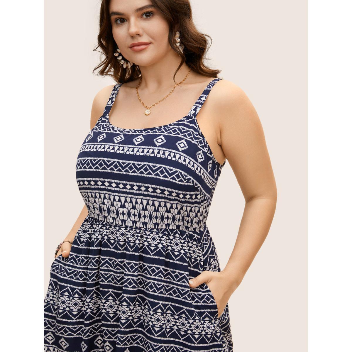 Plus Size Geometric Bandana Print Elastic Waist Midi Dress DarkBlue Women Resort Non Round Neck Sleeveless Curvy BloomChic 14-16/1X Product Image