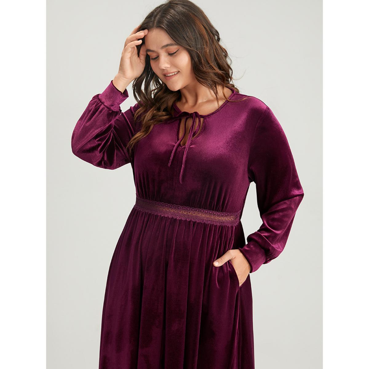 Plus Size Solid Lace Pocket Keyhole Tie Neck Velvet Flutter Dress Burgundy Women Party Patchwork V-neck Long Sleeve Curvy Midi Dress BloomChic 18-20/2X Product Image