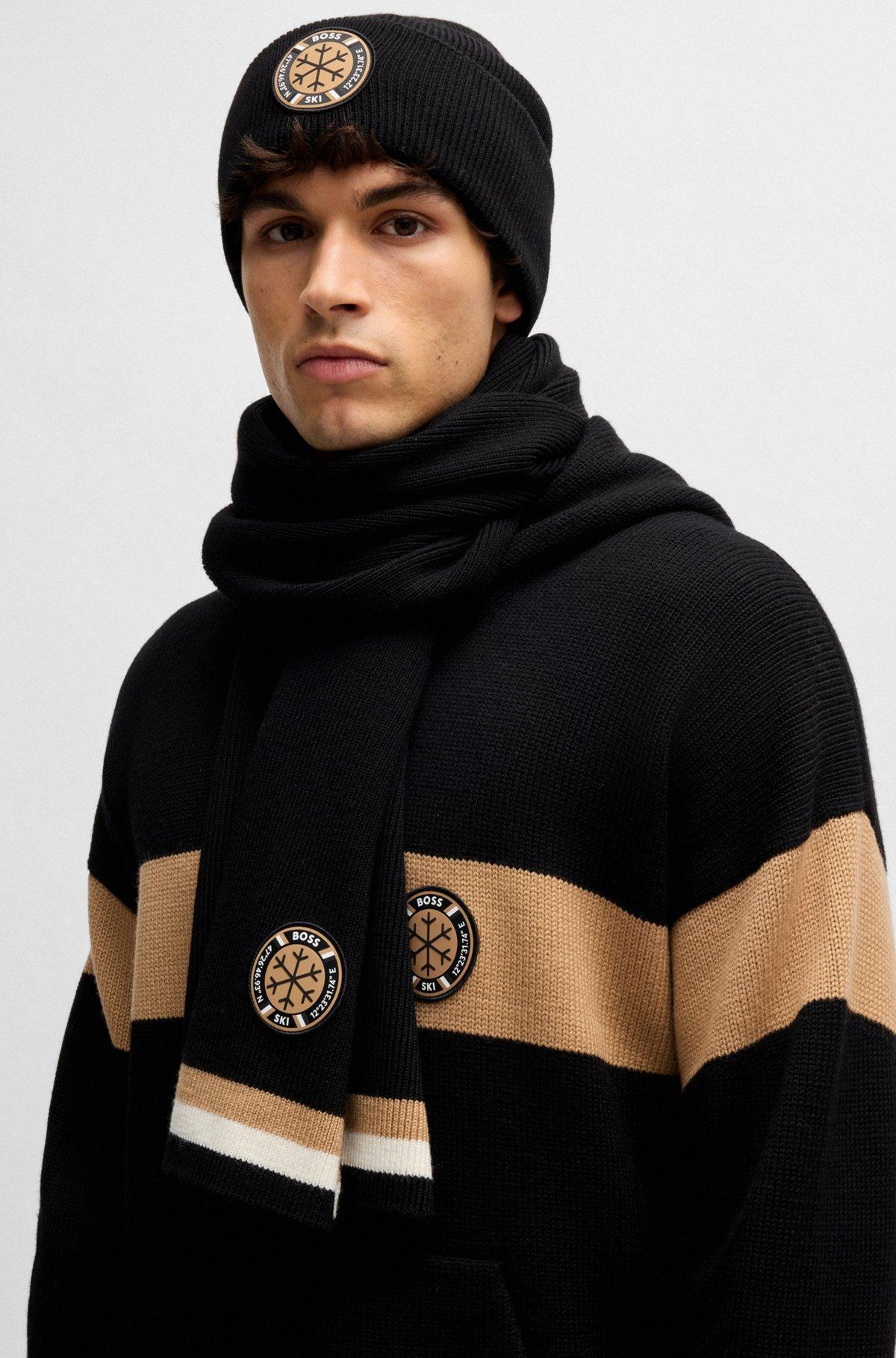 BOSS - BOSS Ski virgin-wool scarf with logo badge - Black Product Image