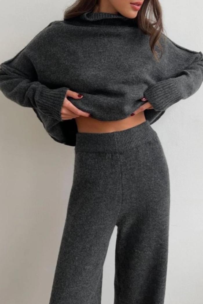 Slouchy Loose Knit Turtleneck Sweater Wide Leg Pant Set Product Image