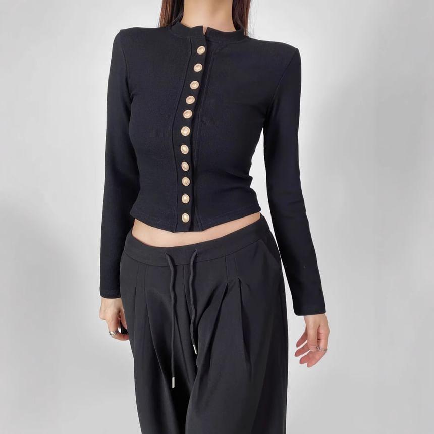 Long Sleeve Mock Neck Plain Button Top Product Image