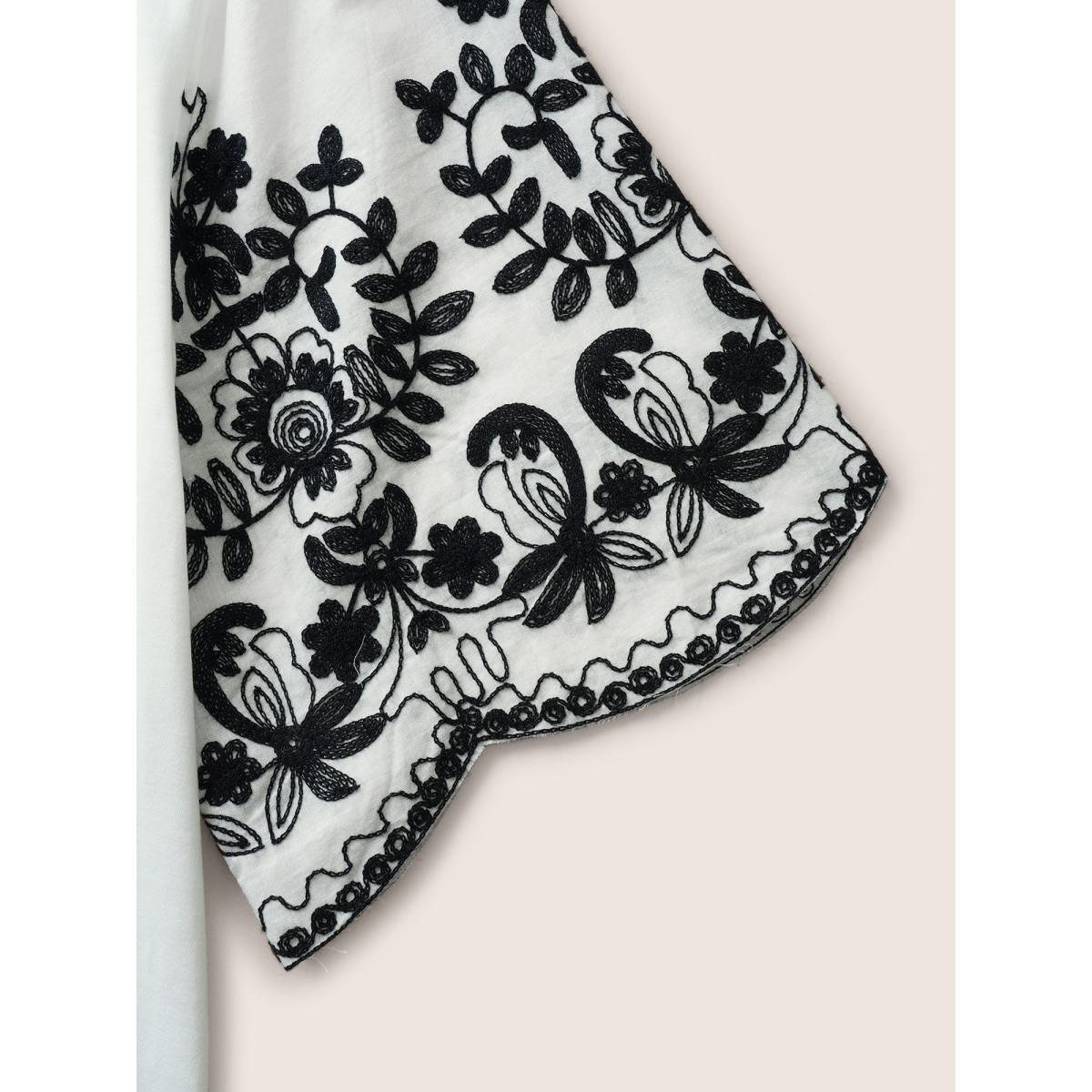 Plus Size Round Neck Floral Embroidered Scalloped Trim T-shirt White Women Resort Contrast Round Neck Vacation T-shirts BloomChic 22-24/3X Product Image