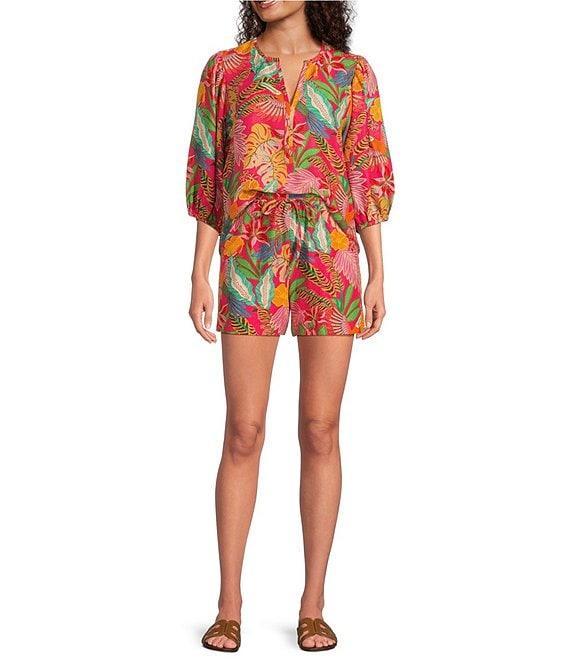 Gibson & Latimer Coordinating Floral Printed Split V-Neck 3/4 Puff Sleeve Top Product Image