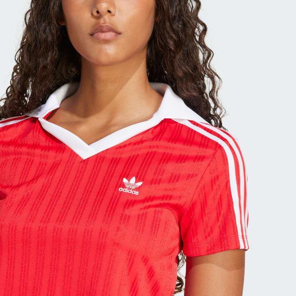 adidas Adicolor Football Jacquard V-Neck Crop Polo Shirt White XL Womens Product Image