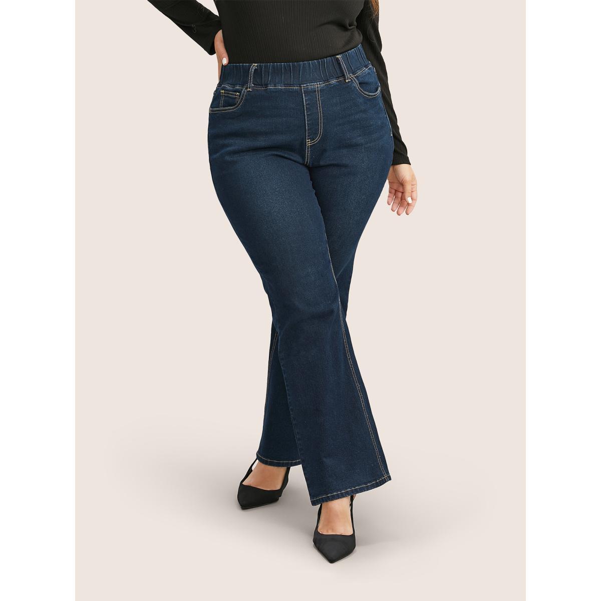 Plus Size Solid Elastic Waist Pocket Full Length Jeans Women Indigo Casual Plain Plain High stretch Slanted pocket Jeans BloomChic 30/6X Product Image