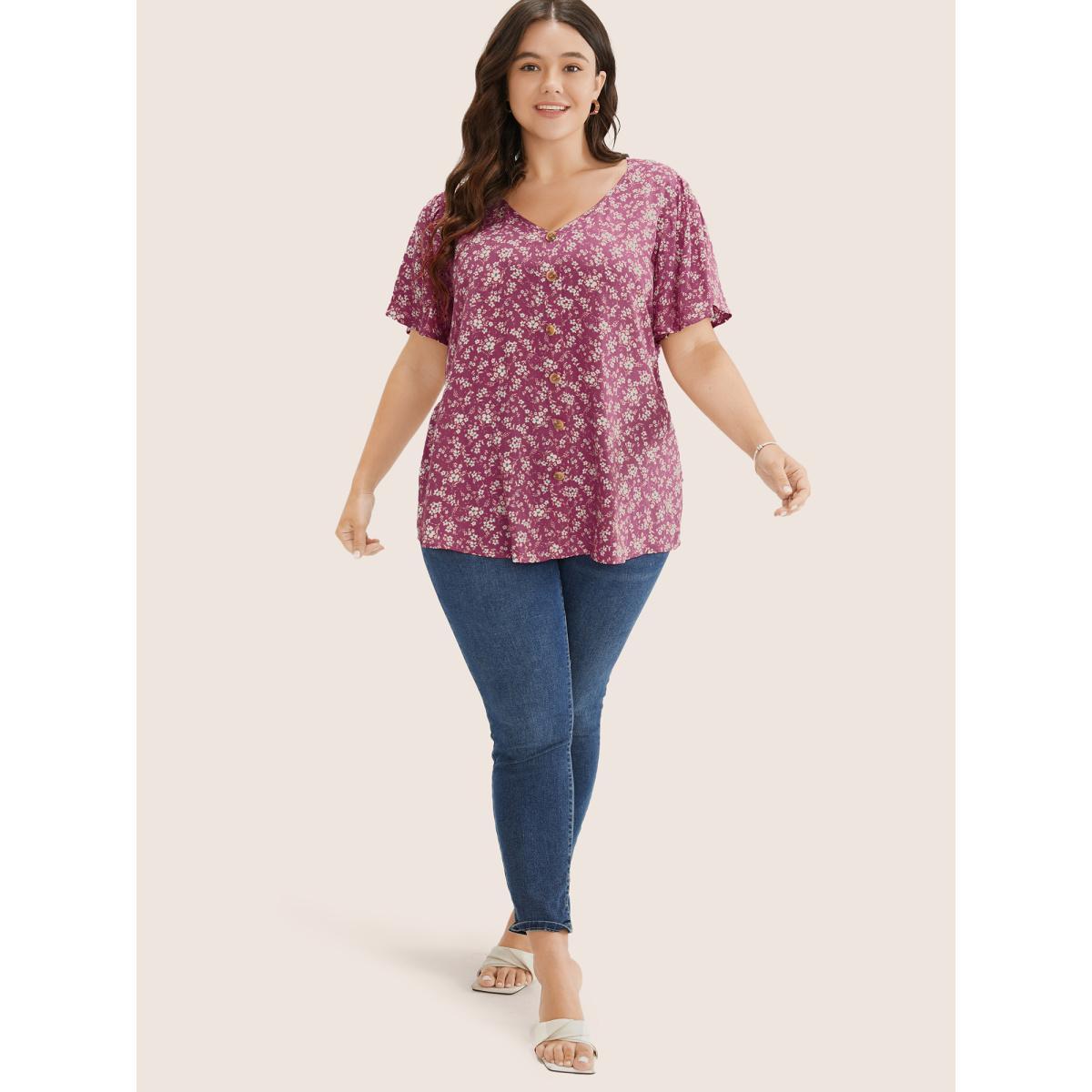 Plus Size Eggplant Ditsy Floral Contrast Ruffle Sleeve Button Detail Blouse Women Elegant Short sleeve Non Everyday Blouses BloomChic 22-24/3X Product Image