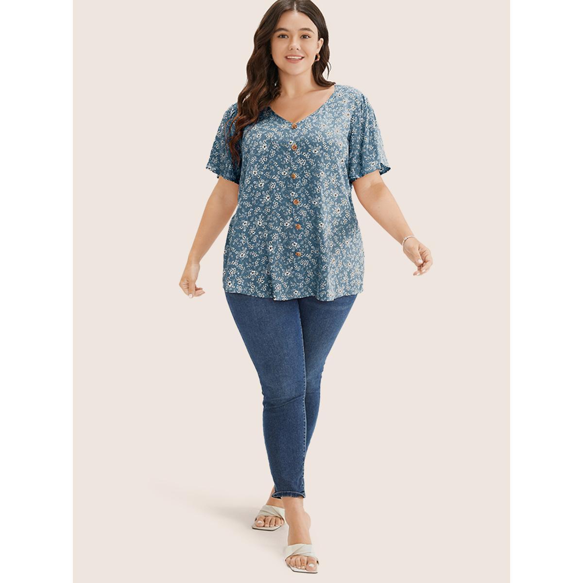 Plus Size Stone Ditsy Floral Contrast Ruffle Sleeve Button Detail Blouse Women Elegant Short sleeve Non Everyday Blouses BloomChic 22-24/3X Product Image