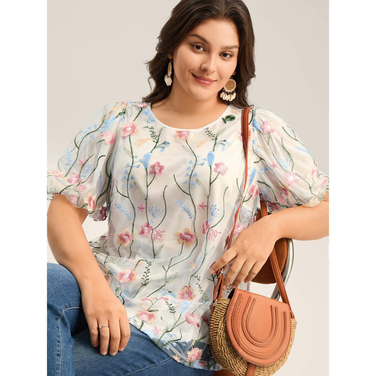 Plus Size Originalwhite Floral Embroidered Mesh Bubble Sleeve Blouse Women Short sleeve Round Neck Vacation Blouses BloomChic 22-24/3X Product Image