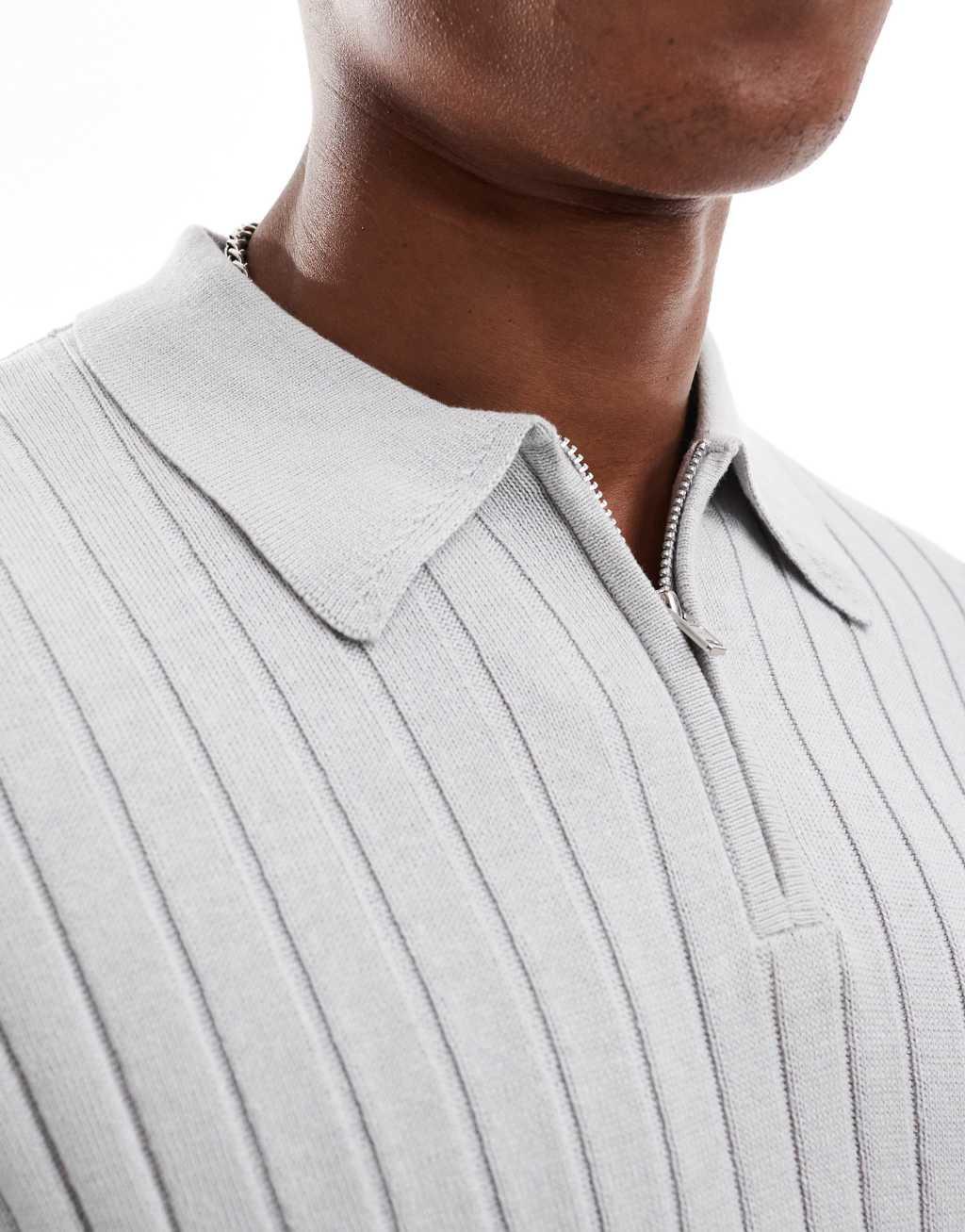 ASOS DESIGN essential muscle fit knitted rib quarter zip polo sweater in light gray Product Image