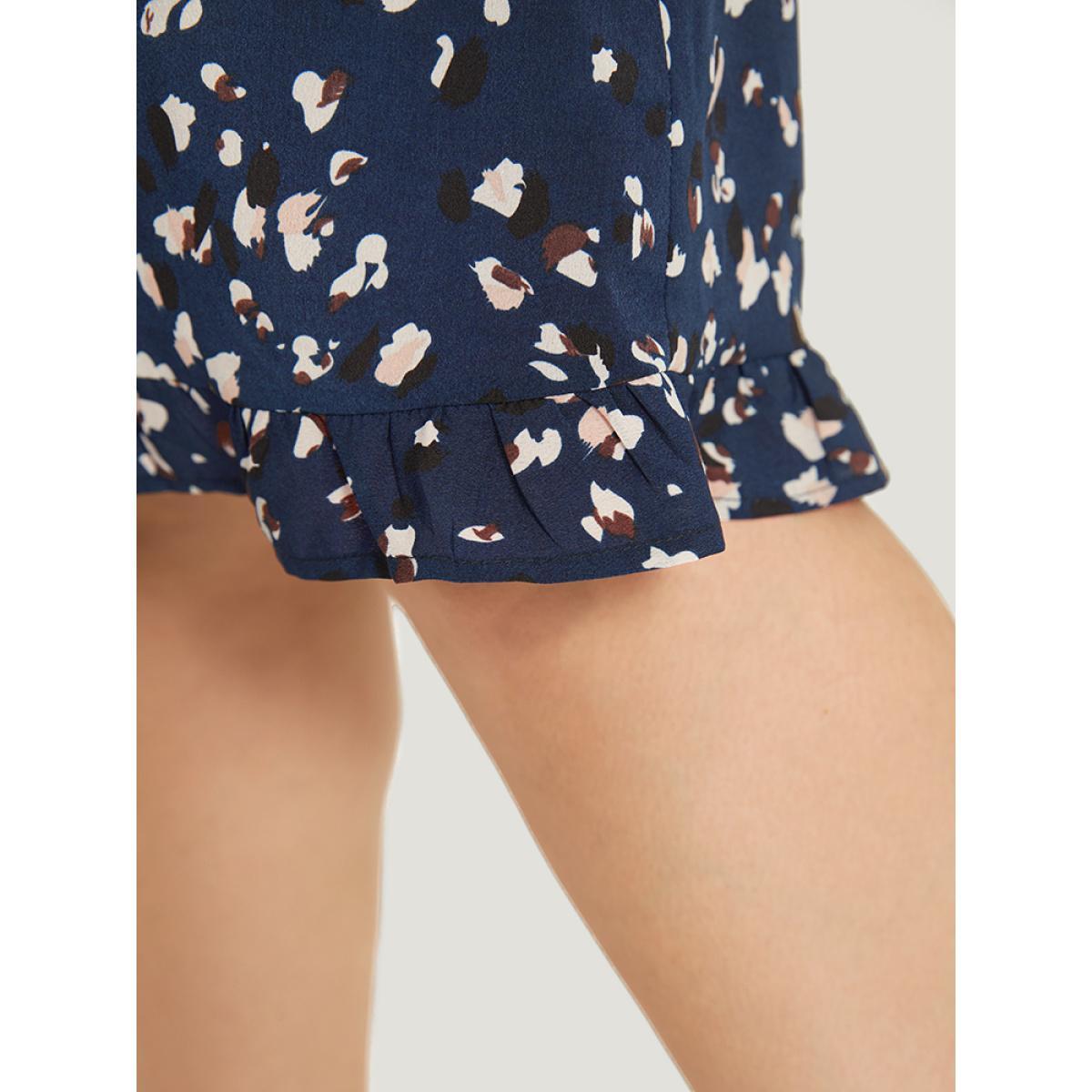 Plus Size Allover Print Pocket Flutter Trim Dress DarkBlue Women Elegant Pocket Round Neck Short sleeve Curvy Knee Dress BloomChic 12/L Product Image