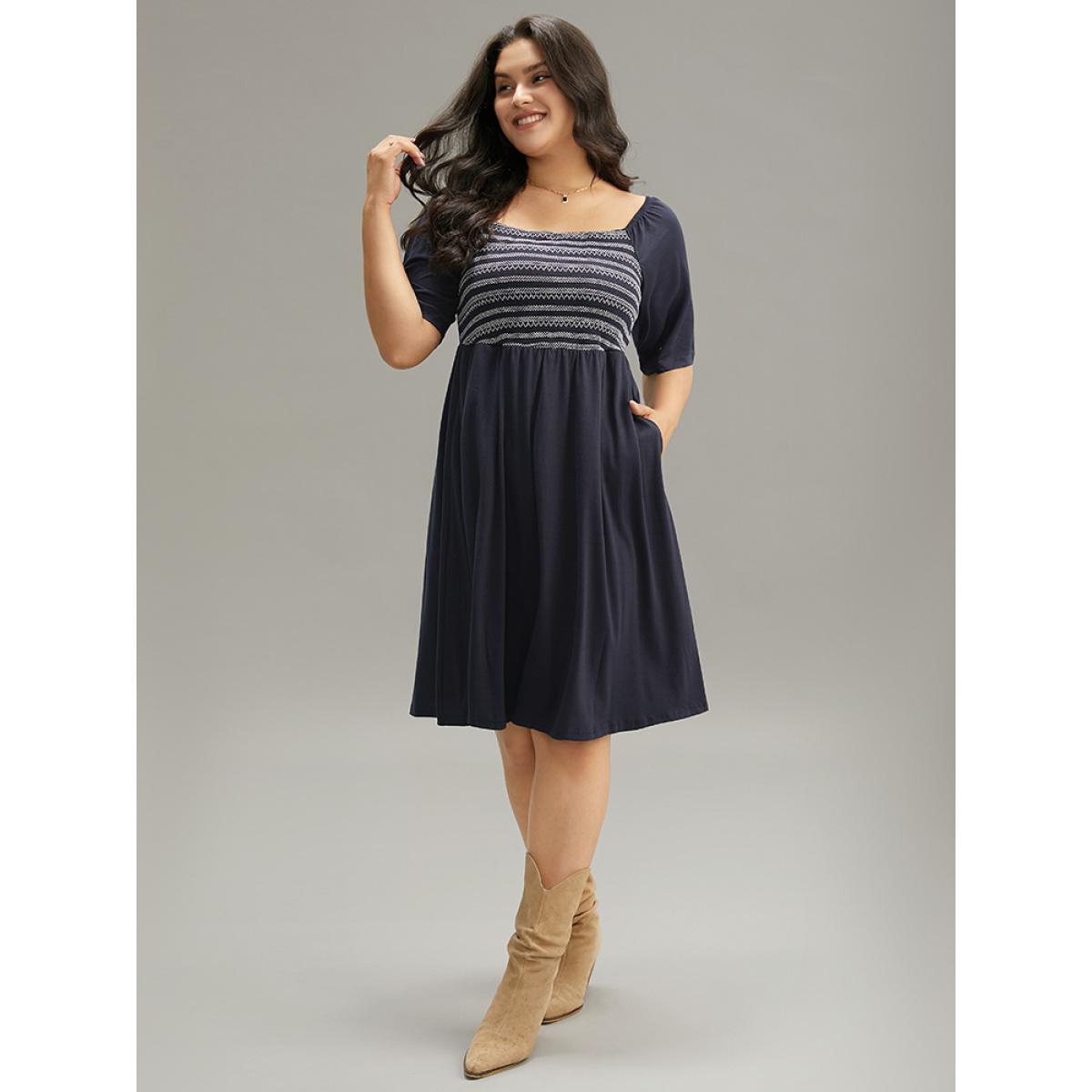 Plus Size Supersoft Essentials Striped Patchwork Pocket Gathered Square Neck Dress Indigo Women Casual Gathered Square Neck Short sleeve Curvy Midi Dress BloomChic 12/L Product Image