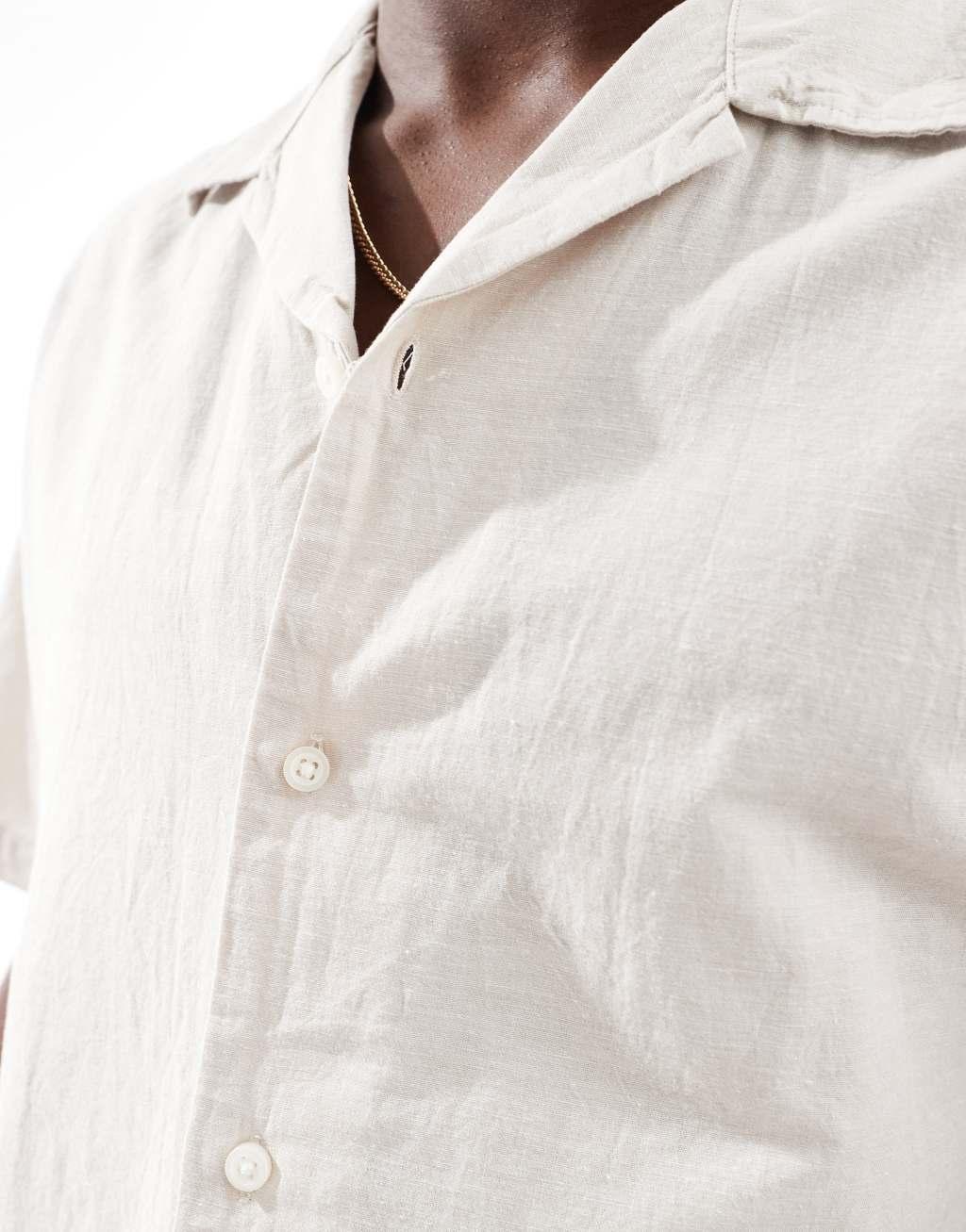 Selected Homme oversized linen mix camp collar shirt in beige Product Image