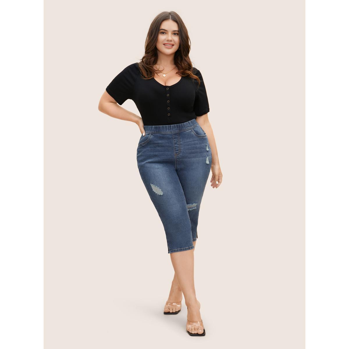 Plus Size Dark Wash Elastic Waist Distressed Slit Hem Jeans Women Denimblue Casual Distressed High stretch Slanted pocket Jeans BloomChic 16/1X Product Image