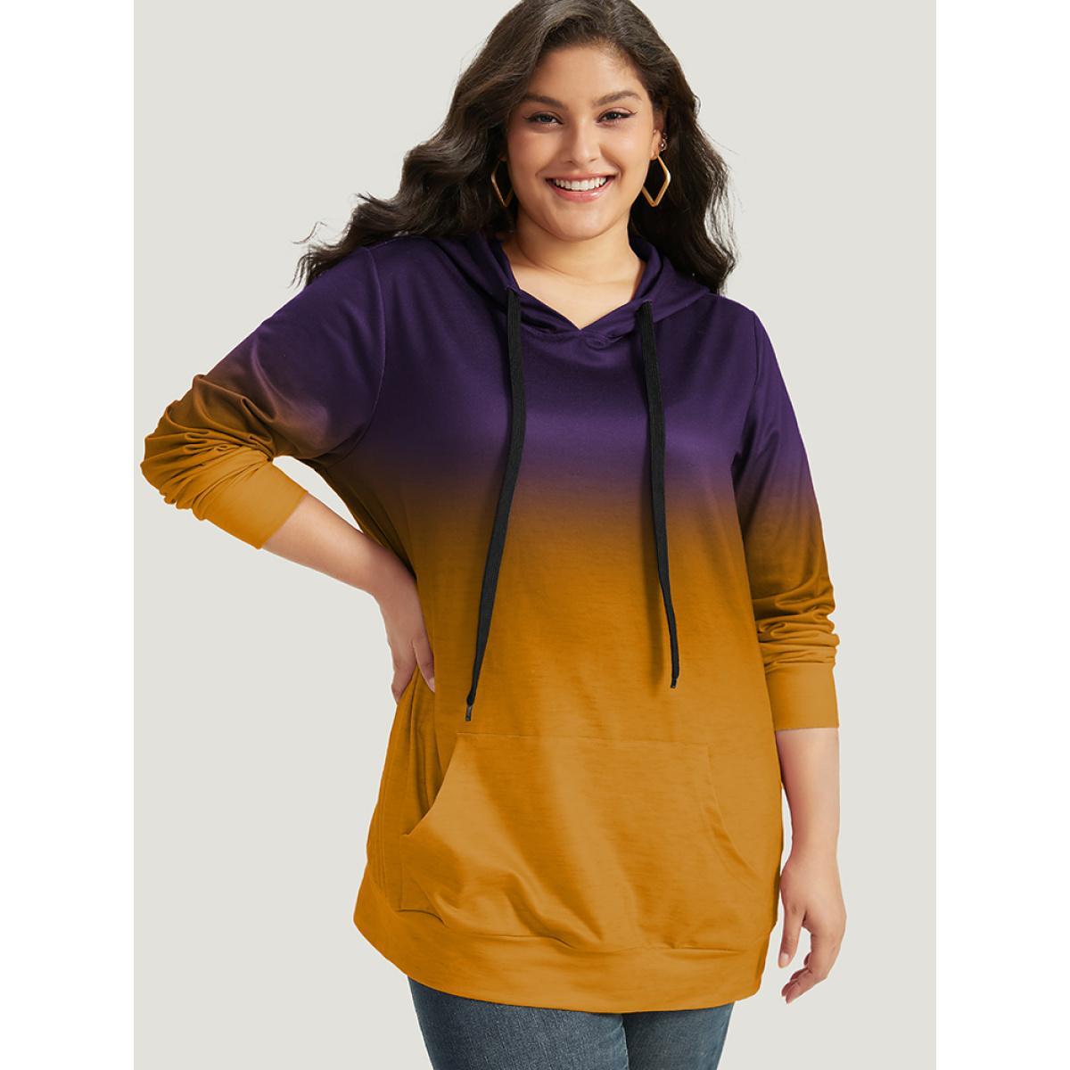 Plus Size Ombre Pocket Drawstring Hooded Sweatshirt Women Blackcurrant Casual Elastic cuffs Hooded Everyday Sweatshirts BloomChic 14-16/1X Product Image