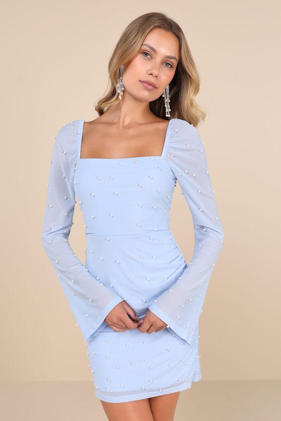 Flirty Luxury Light Blue Mesh Pearl Long Sleeve Mini Dress Product Image