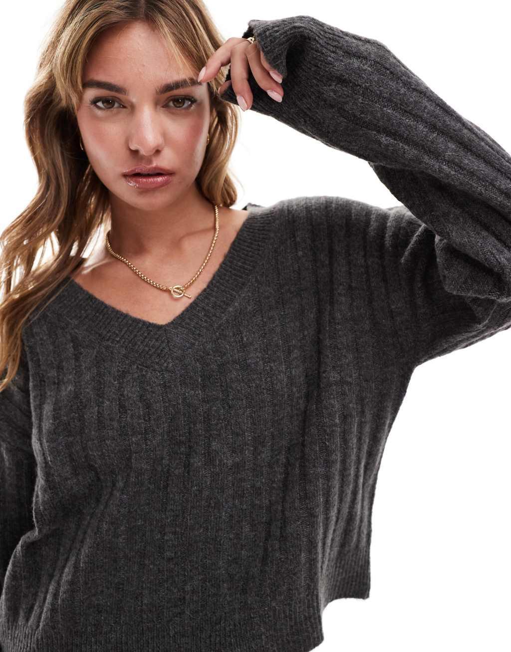 ASOS DESIGN v neck sweater in rib in charcoal Product Image