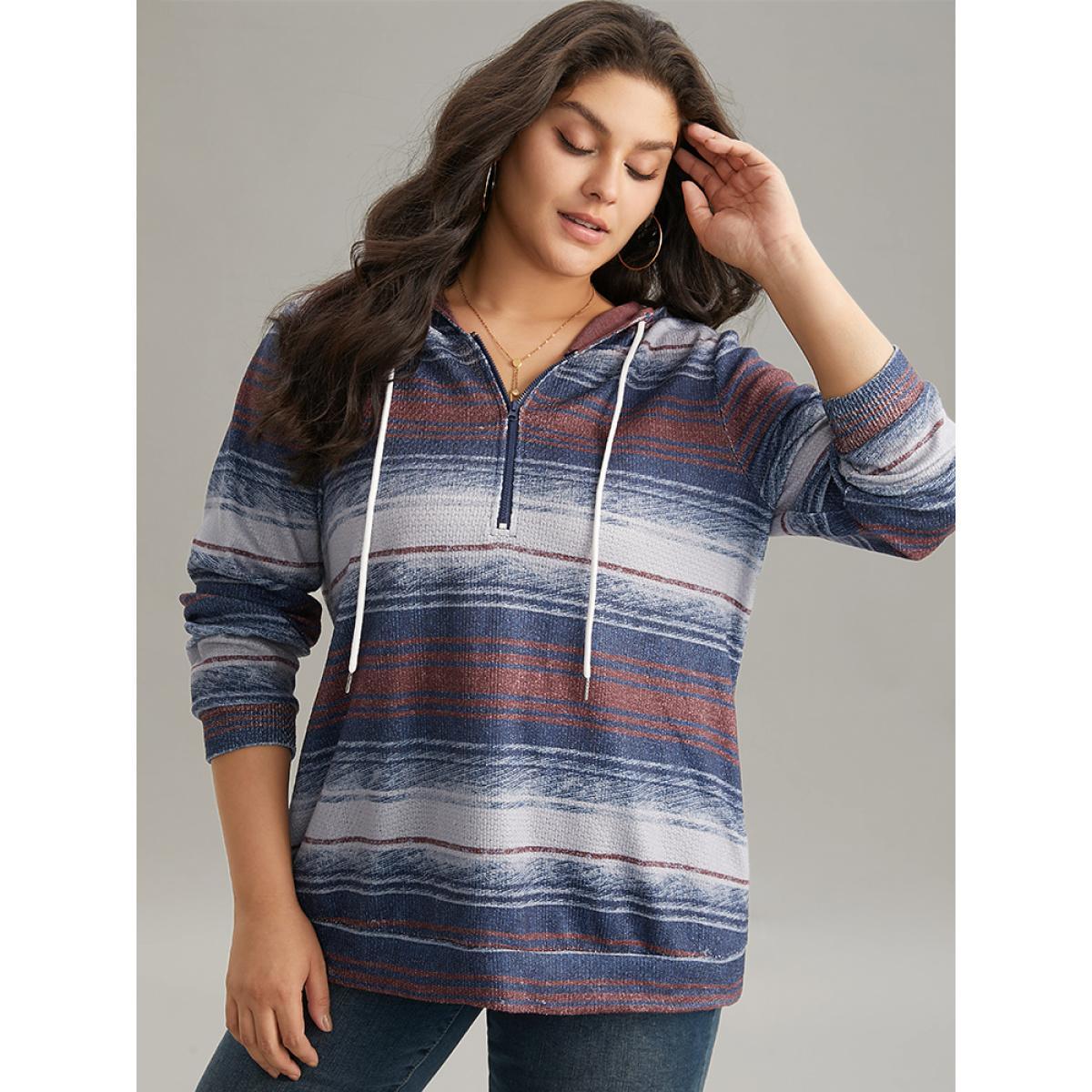 Plus Size Colour Striped Hooded Pocket Half Zip Sweatshirt Women Indigo Casual Contrast Hooded Dailywear Sweatshirts BloomChic 26/4X Product Image