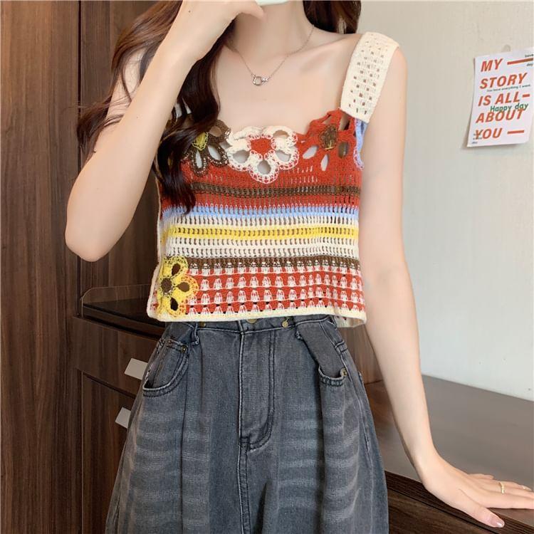 Striped Flower Embroidered Crochet Knit Crop Tank Top Product Image