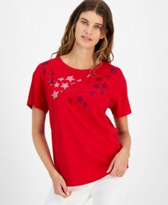 Tommy Hilfiger Womens Embellished-Star Short-Sleeve T-Shirt Product Image