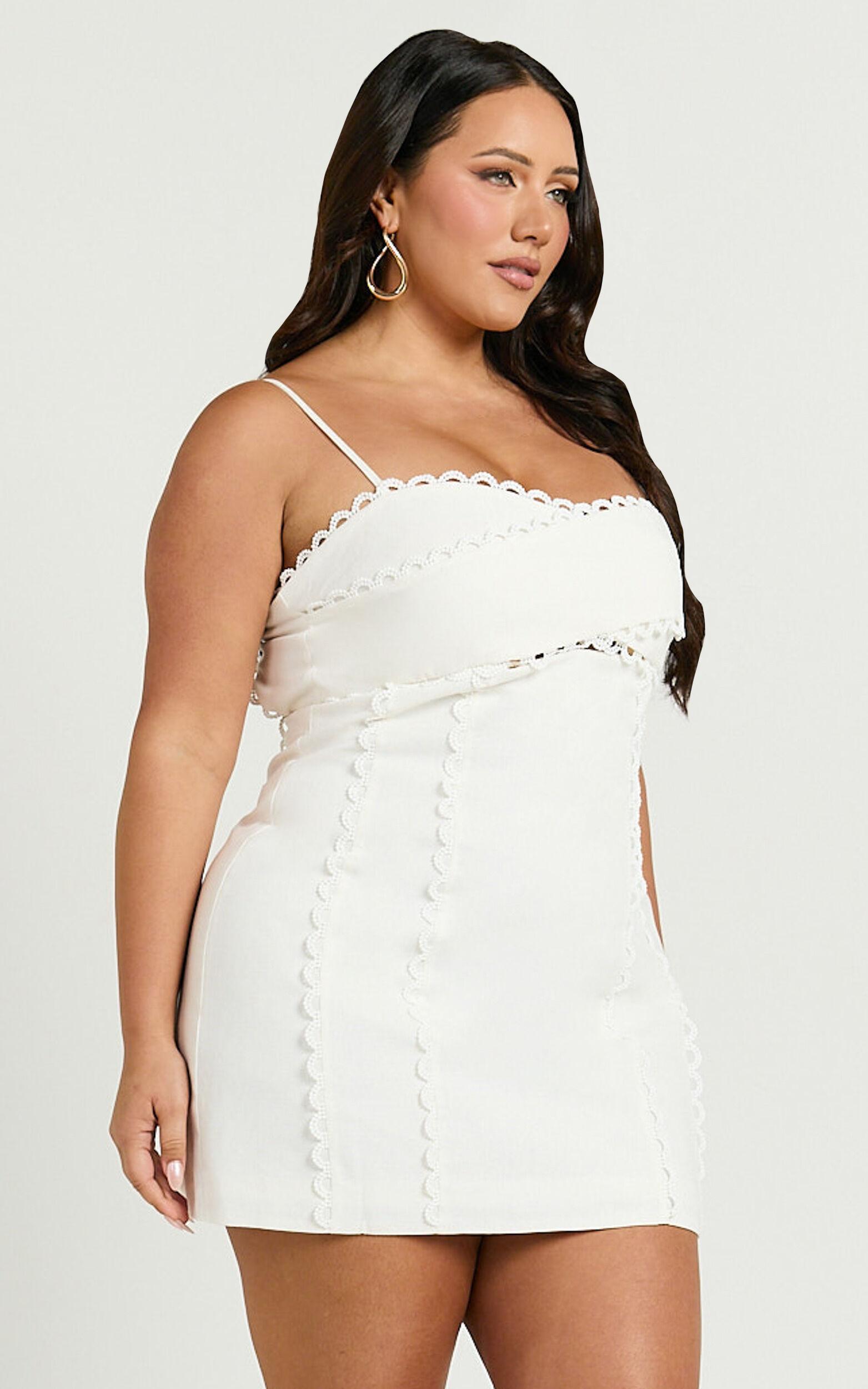 Gigi Mini Linen Blend Dress - Sweetheart Tie Back Scallop Detail Dress in Off White Product Image