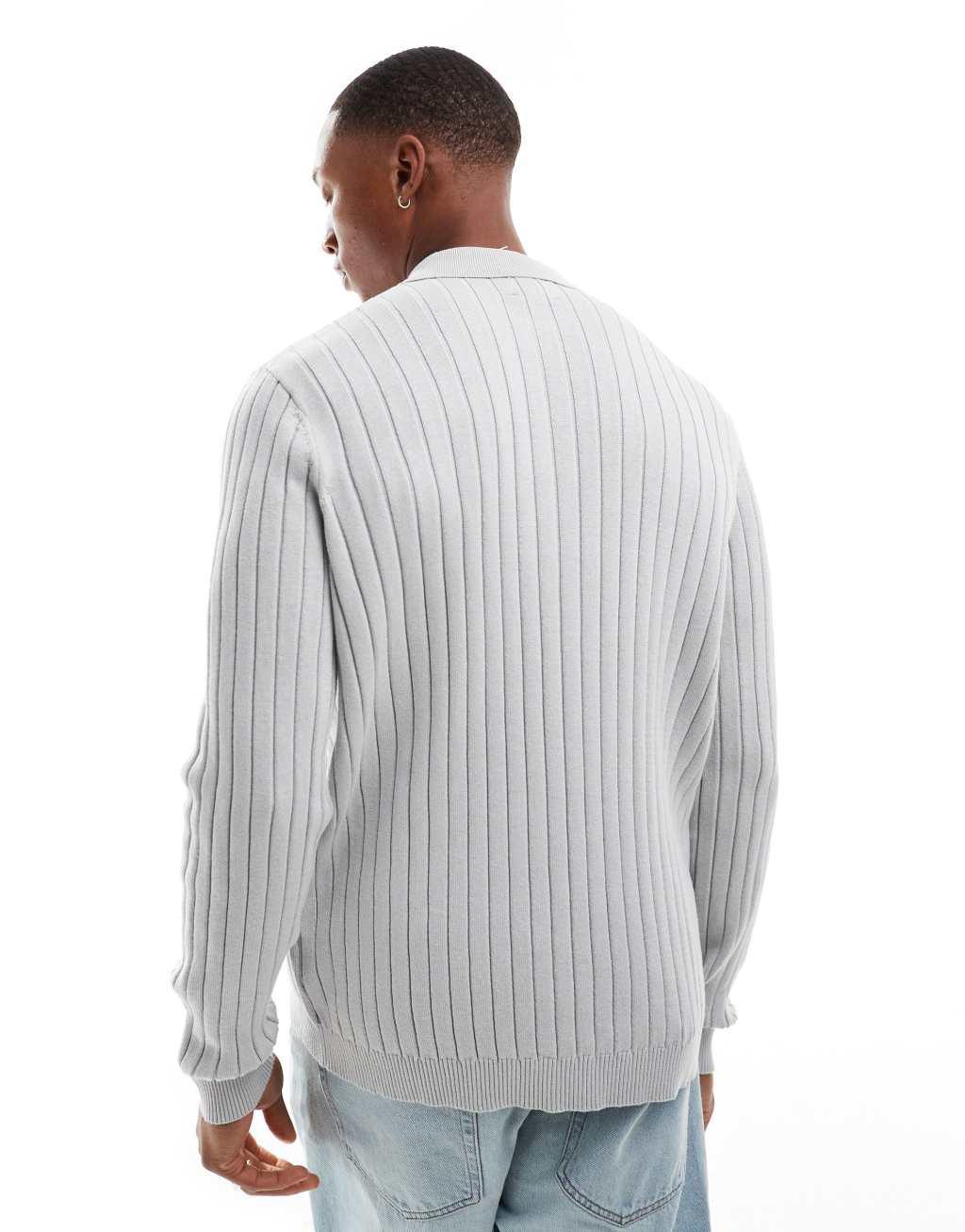 ASOS DESIGN essential muscle fit knitted rib quarter zip polo sweater in light gray Product Image