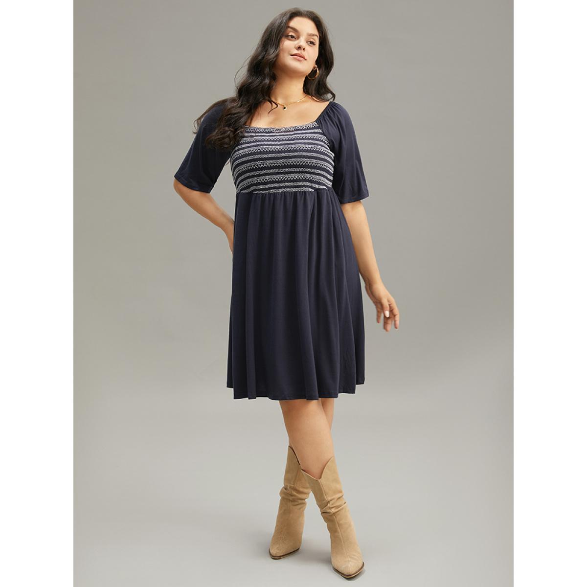 Plus Size Supersoft Essentials Striped Patchwork Pocket Gathered Square Neck Dress Indigo Women Casual Gathered Square Neck Short sleeve Curvy Midi Dress BloomChic 18-20/2X Product Image