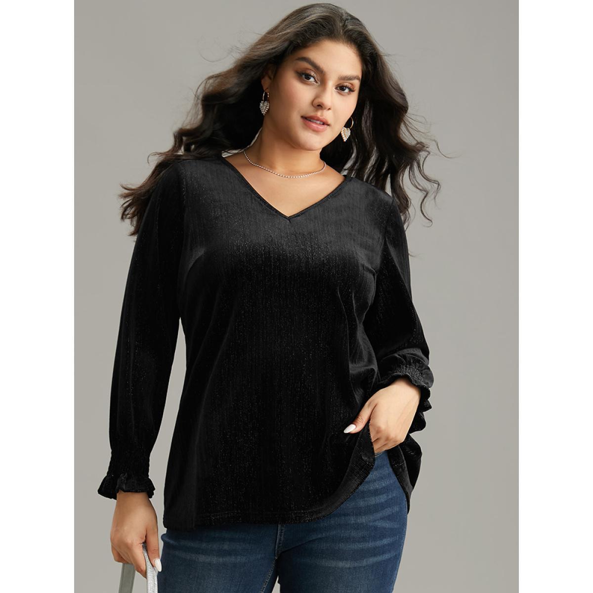 Plus Size Black Solid Velvet Glitter Shirred Ruffles Blouse Women Glamour Long Sleeve V-neck Going out Blouses BloomChic 18-20/2X Product Image
