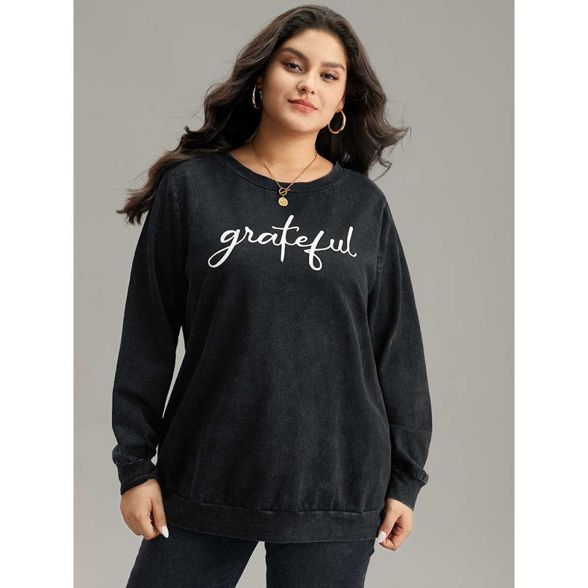 Plus Size Solid Letter Print Crew Neck Sweatshirt Women Black Casual Printed Dailywear Sweatshirts BloomChic 22-24/3X Product Image