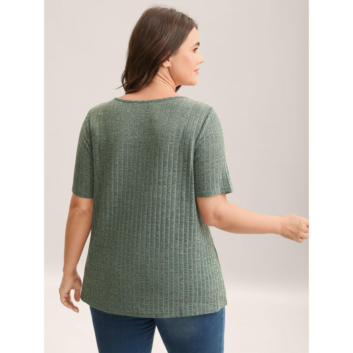 Plus Size Stretchy Textured Button Half Sleeve T-Shirt Sage Women Elegant Texture Round Neck Everyday T-shirts BloomChic 18-20/2X Product Image