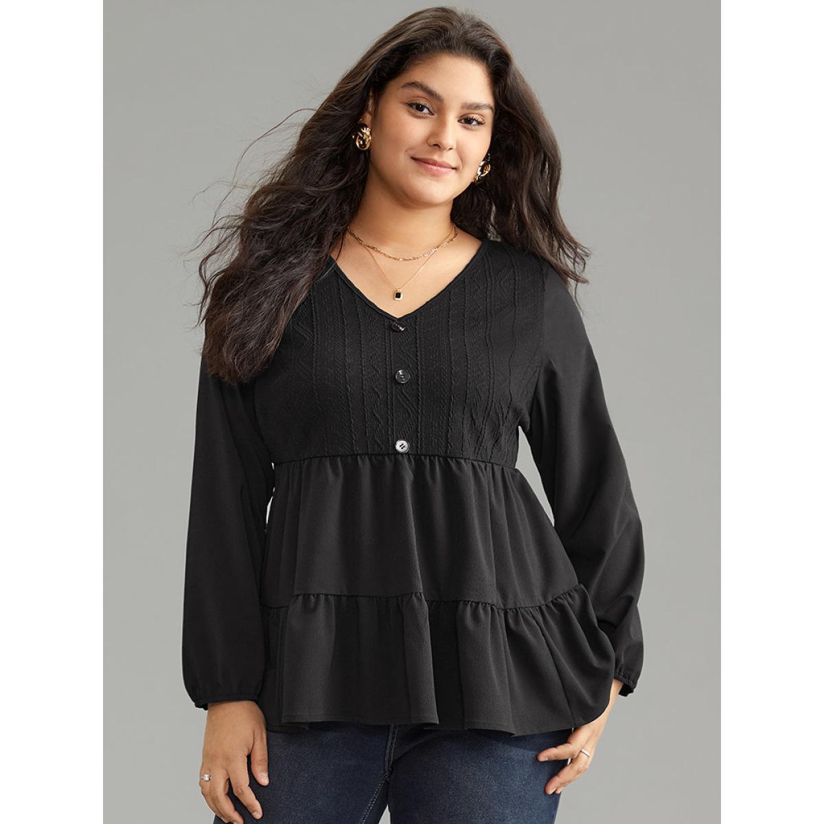 Plus Size Black Solid Textured Button Detail Ruffle Layered Hem Blouse Women Casual Long Sleeve V-neck Work Blouses BloomChic 10/M Product Image