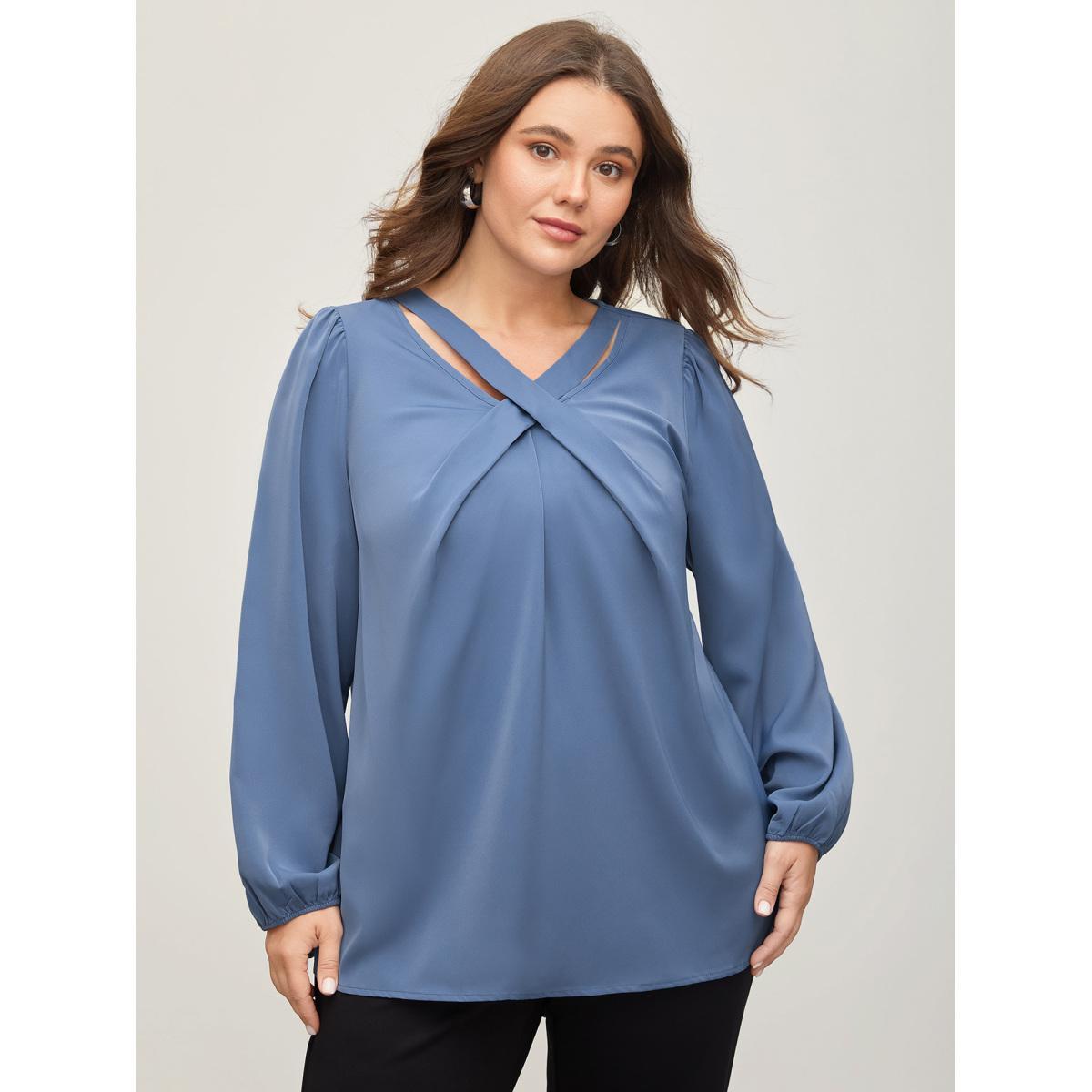 Plus Size Stone Criss Cross Neckline Puff Sleeve Gathered Blouse Women Elegant Long Sleeve Asymmetrical Neck Everyday Blouses BloomChic 30/6X Product Image