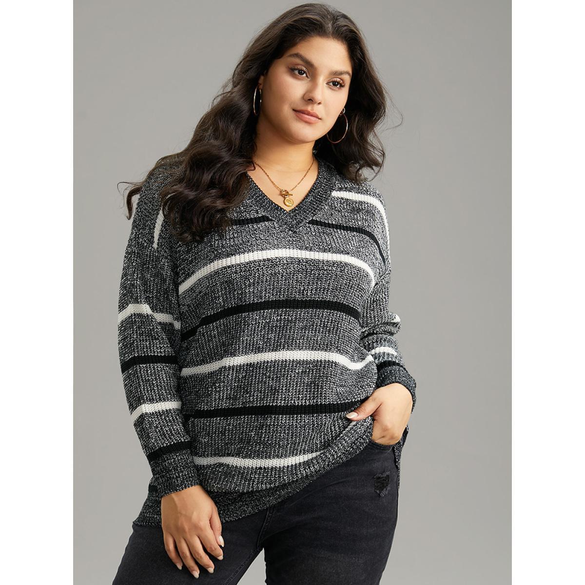 Plus Size V Neck Striped Contrast Heather Pullover Black Women Casual Loose Long Sleeve V-neck Dailywear Pullovers BloomChic 22-24/3X Product Image