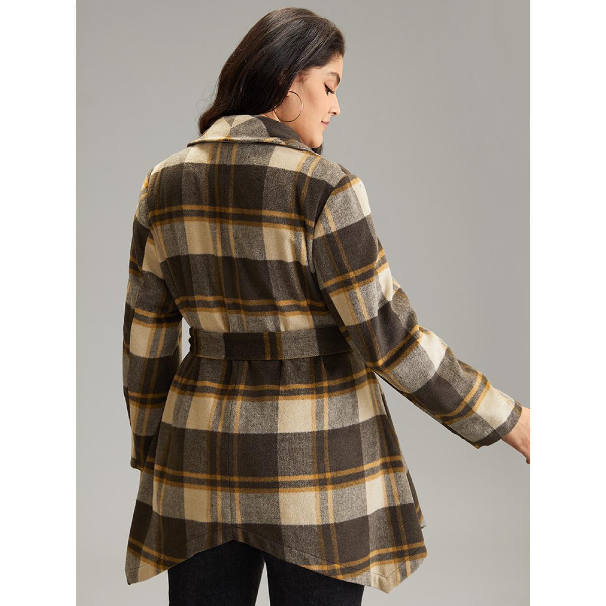 Plus Size Plaid Belted Lapel Collar Hanky Hem Coat Women DarkBrown Casual Belted Ladies Dailywear Winter Coats BloomChic 30/6X Product Image