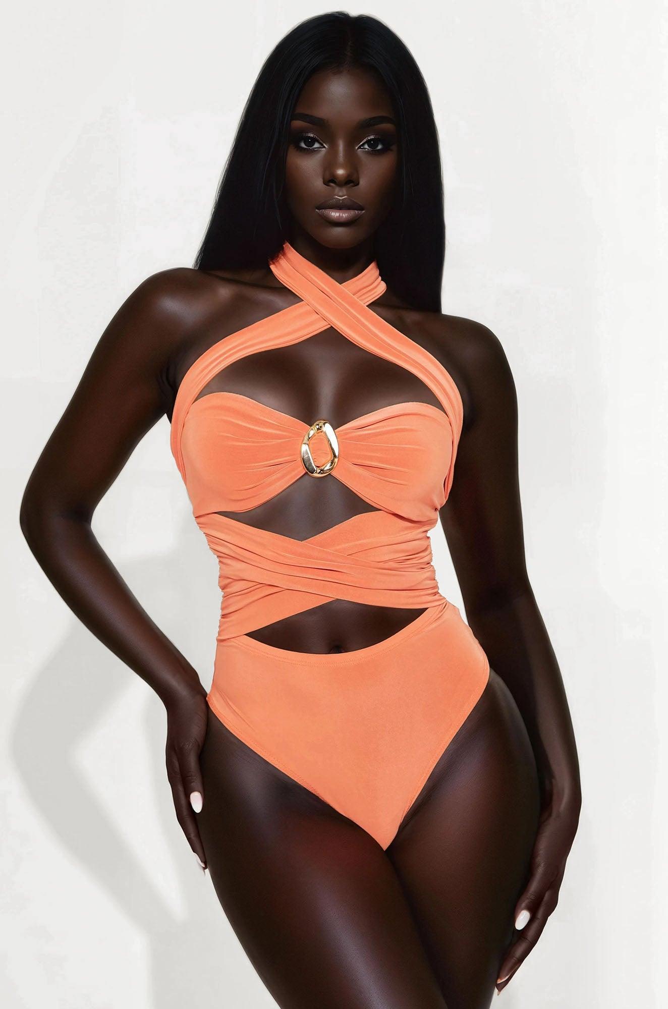 Cross Fire Criss Cross Halter Bodysuit - Rust Product Image