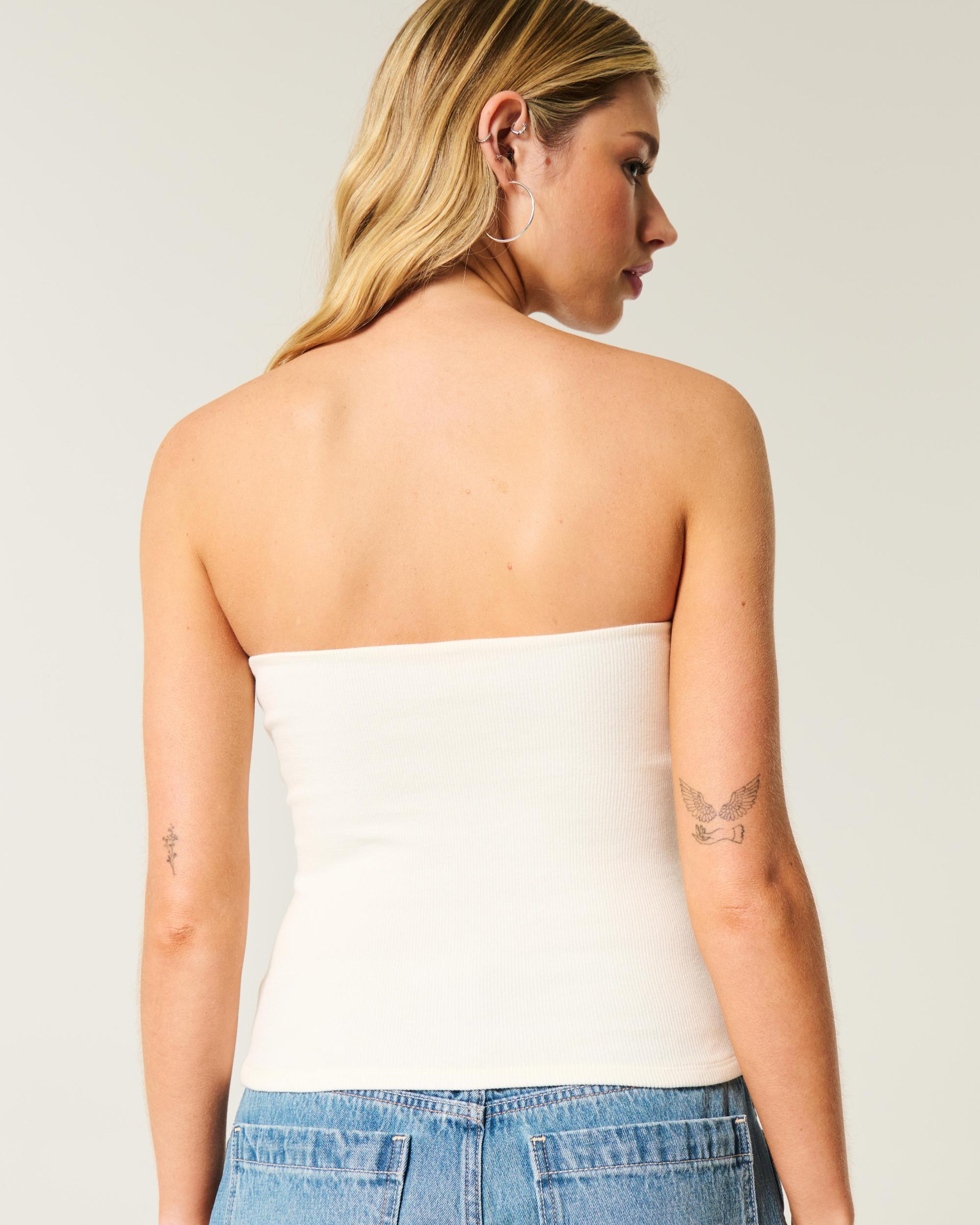 Ribbed Strapless Embroidered Bow Tube Top Product Image