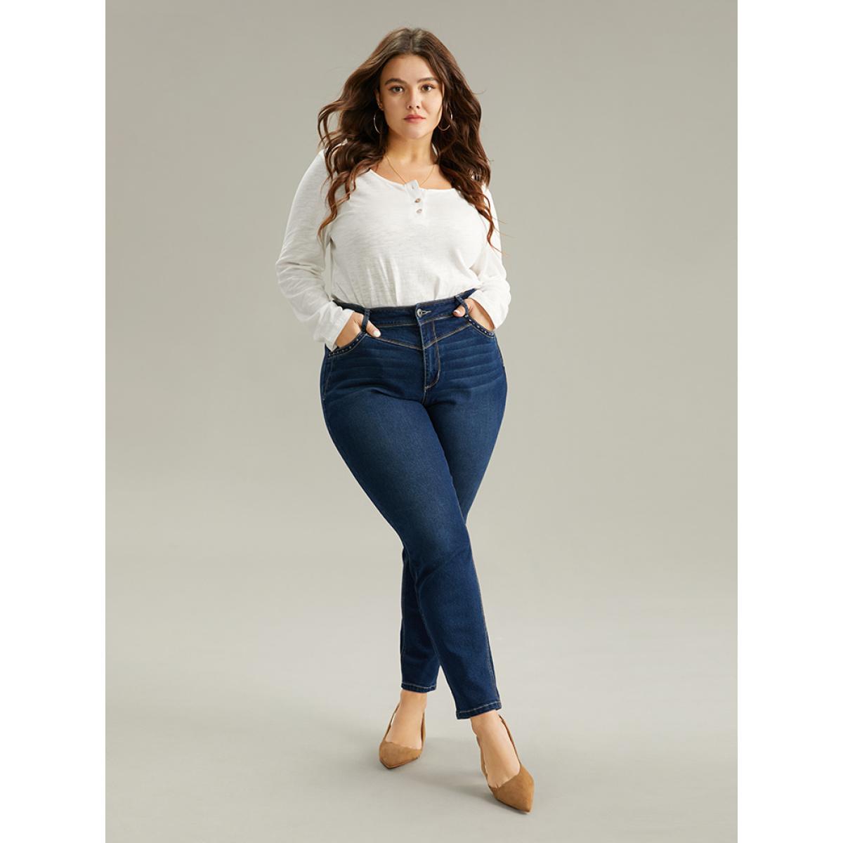 Plus Size Beaded Detail Pocket Full Length Jeans Women Indigo Casual Plain Beaded High stretch Pocket Jeans BloomChic 24/3X Product Image