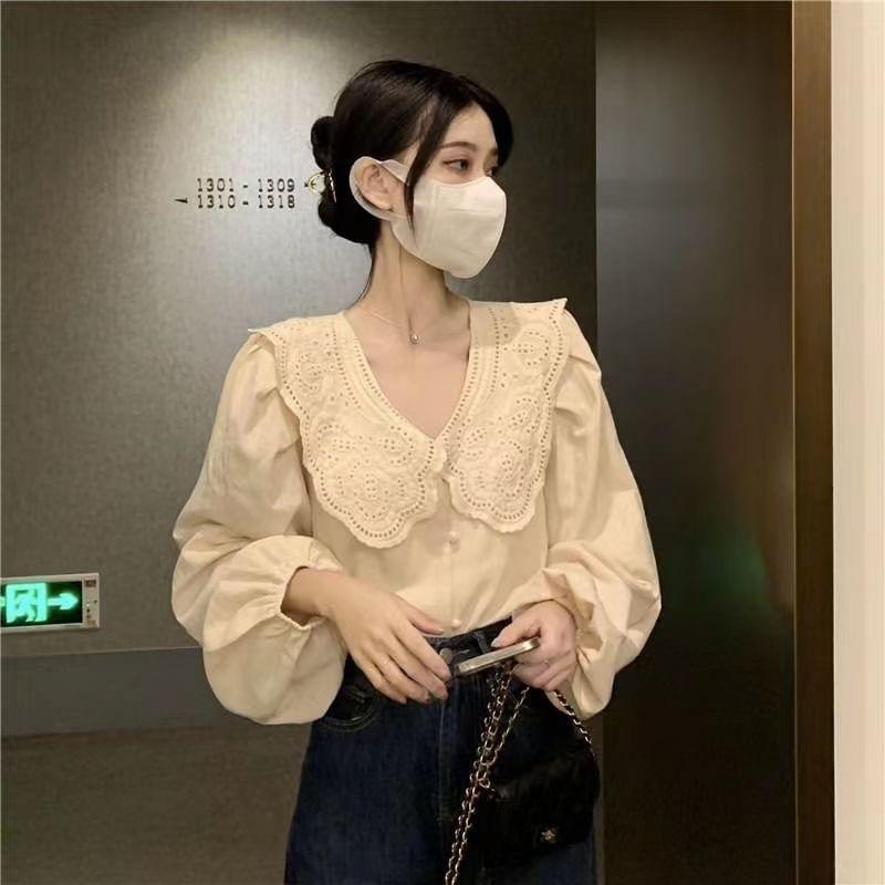 Long-Sleeve Eyelet Lace Collar Plain Blouse Product Image