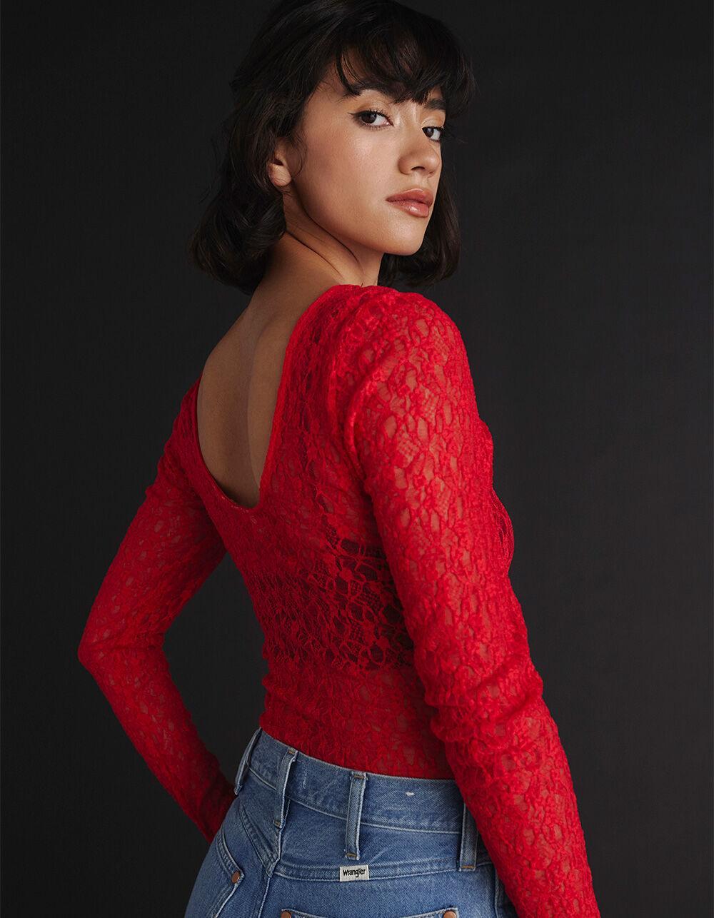 JJXX Leah Womens Long Sleeve Lace Top - RED Product Image