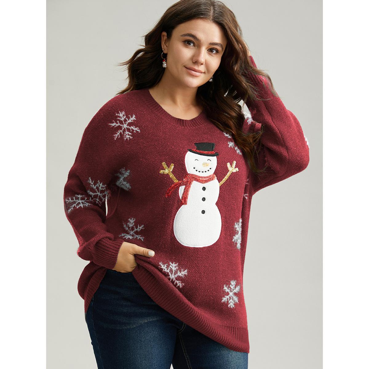 Plus Size Sequin Christmas Graphic Drop Shoulder Pullover Burgundy Women Casual Loose Long Sleeve Round Neck Festival-Christmas Pullovers BloomChic 26/4X Product Image