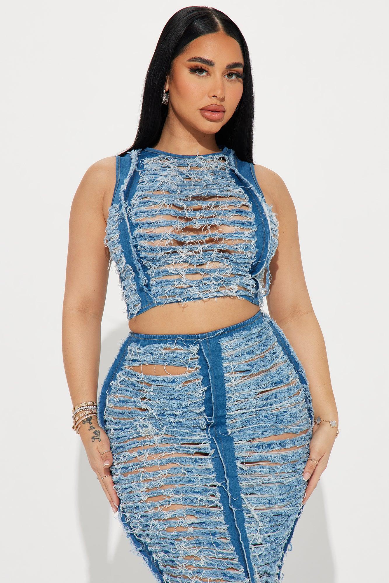 Distressing About You Denim Skirt Set - Medium Wash Product Image