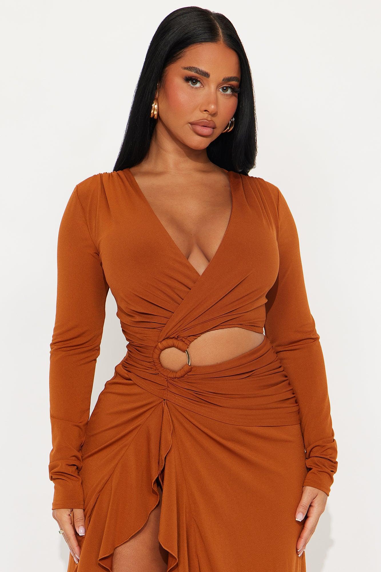 Layla Cut Out Long Sleeve Maxi Dress - Cognac Product Image