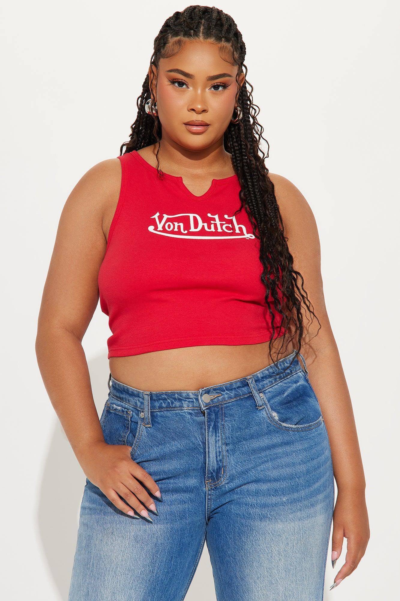 Von Dutch Ribbed Notch Neck Tank Top - Red Product Image