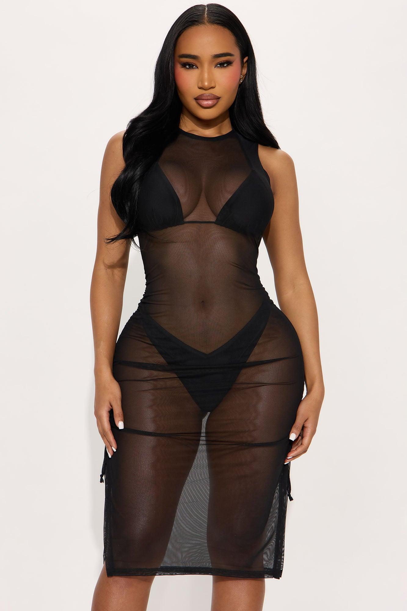 Summer Beach Party Ruched Mesh Cover Up Maxi Dress - Black Product Image