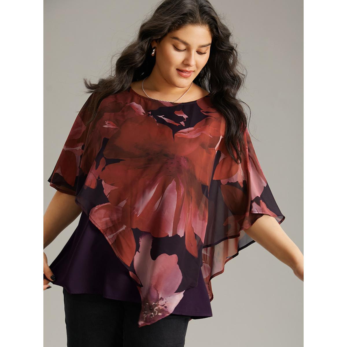 Plus Size Purple Floral Mesh Asymmetrical Dolman Sleeve Blouse Women Glamour Short sleeve Round Neck Going out Blouses BloomChic 12/L Product Image
