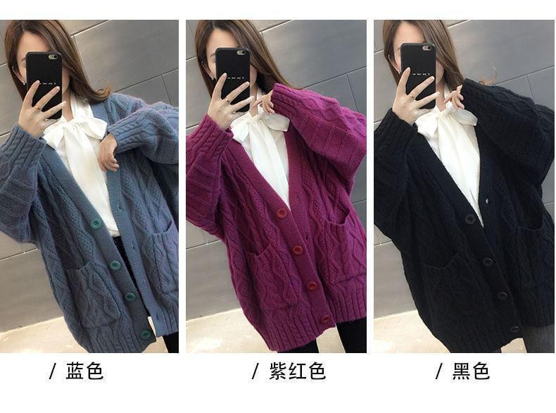 V-Neck Plain Cable Knit Button-Up Oversized Cardigan Product Image