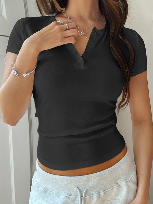 Short Sleeves Skinny Buttoned Solid Color V-Neck T-Shirts Tops Product Image
