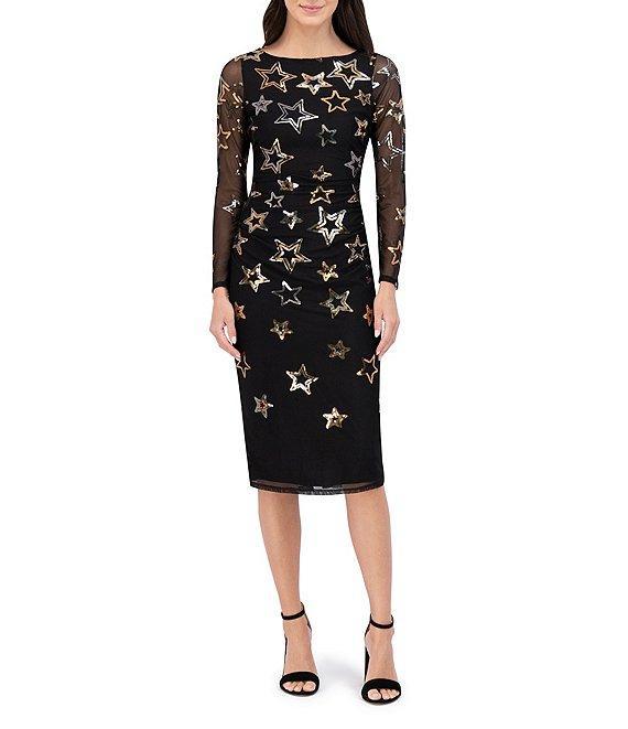 Vince Camuto Sequin Star Crew Neck Long Sleeve Sheath Dress Product Image